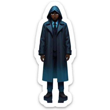 Movie Poster: A tense, gripping design with dramatic lighting. Shadows loom, and ominous shapes emerge from the mist. Suspenseful and cinematic atmosphere.  Include a mysterious figure in a dark coat standing in a rain-soaked alley, with glowing neon signs in the background. Transparent background. sticker