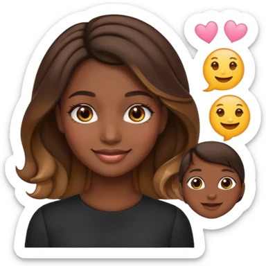 young woman, dark skin, straight brunette hair with caramel balayage, brown eyes, curled lashes, blush, emoji style sticker