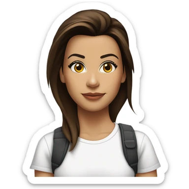 3/4 face, contrasted, shadow, light, Eva Longoria expression, standing from a distance, thin nose, brunette woman, hazel eyes, long eyelashes, dark shoulder shaded hair, white t-shirt, jeans, white sneakers sticker