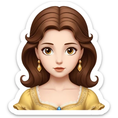 Cinematic Realistic Belle Portrait, depicted with lifelike skin texture, soft natural lighting, and intricately detailed brown hair styled elegantly. Her deep, expressive eyes exude warmth and intelligence, complemented by a serene and graceful expression. She is dressed in her classic attire, with rich fabric textures and delicate folds that catch the light beautifully. The portrait features a soft, enchanting glow with a natural, radiant finish, capturing the essence of timeless beauty in a realistic and painterly style, evoking a sense of depth and authenticity. sticker