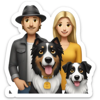 white family group consisting of man in hat and woman with ponytail long hair and small black border collie dog sticker
