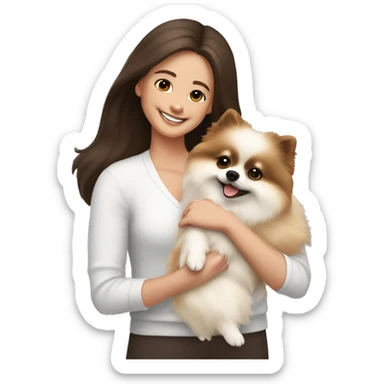White and beige Pomeranian in the hands of a white young woman with dark brown hair smiling and cuddling the dog  sticker