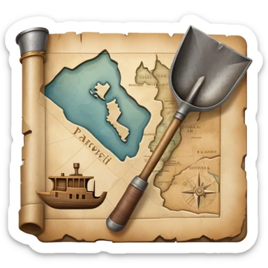 An icon showing a close-up of a shovel, an ancient vessel, and a weathered map, symbolizing archaeology. The design highlights the tools of discovery and the excitement of unearthing historical artifacts. Transparent background emphasizes the focus on the objects. sticker