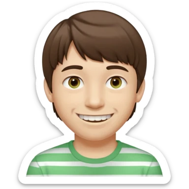 The guy has short, straight brown hair with bangs slightly forward. His complexion is fair. He has light- brown eyes. His face shape appears oval. He is smiling, showing braces on his teeth. The ears are slightly prominent.  He is wearing a light green tshirt with subtle stripes sticker