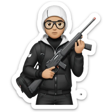 YN wearing a ski mask, holding a gun, all black fit, black jeans, Sprayground bookbag, confident stance with glasses sticker