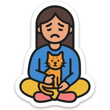 a sad brunette woman with straight hair sitting on the floor, holding a ginger cat in her lap sticker