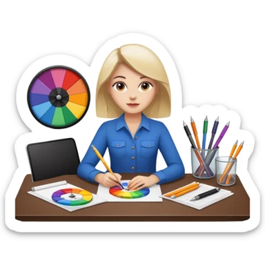 female graphic designer , color wheel, pens, papers sticker