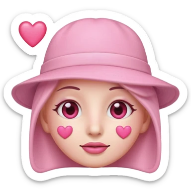 a pastel pink skin love face emoji with pink hearts in the eyes, pink simple hat on sticker