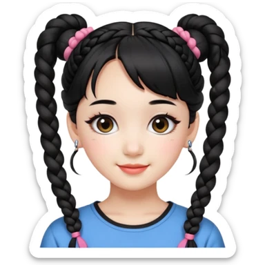 a beautiful girl face, wearing cute korean makeup, black hair, lower braided space buns with cute front bangs, kpop idol sticker