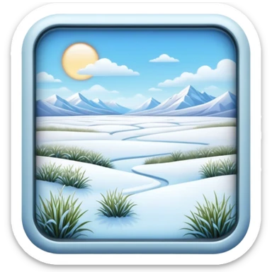 Cinematic Realistic Tundra Emoji in a wooden frame, Vast and cold, with wide expanses of snow-covered ground, sparse grasses poking through, and the occasional hardy shrub breaking up the pale white landscape. The sky above is a pale, frosty blue, and the light reflects off the snow, creating a serene yet starkly beautiful environment. Soft glowing outline, capturing the essence of a quiet, still, frozen wilderness where life endures despite the harsh conditions. sticker