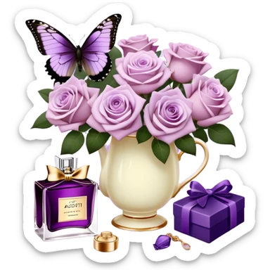 A delicate bouquet of soft lilac Ascott tea roses rests beside a pastel violet aesthetic, accompanied by a stunning butterfly with dark orchid-colored wings, while a luxurious royal purple silk ribbon cascades elegantly next to a beautifully crafted vintage-style perfume flacon in a rich heather hue. sticker
