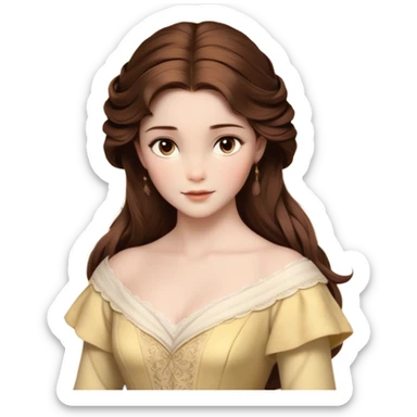 Cinematic Realistic Belle Portrait, depicted with lifelike skin texture, soft natural lighting, and intricately detailed brown hair styled elegantly. Her deep, expressive eyes exude warmth and intelligence, complemented by a serene and graceful expression. She is dressed in her classic attire, with rich fabric textures and delicate folds that catch the light beautifully. The portrait features a soft, enchanting glow with a natural, radiant finish, capturing the essence of timeless beauty in a realistic and painterly style, evoking a sense of depth and authenticity. sticker