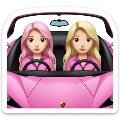 Make car far away so I can see full car Car facing forward in sports car. Make hair long  two girls in car far away Front of car sitting in the seats. Make it a pink sports car. They are two baddies make it a Lamborghini pink car  sticker