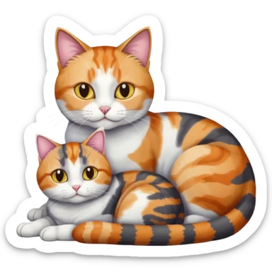 two cats in love, a colourful light patched calico + white tabby cat cuddling a bigger cat that is dark grey and white tabby cat sticker