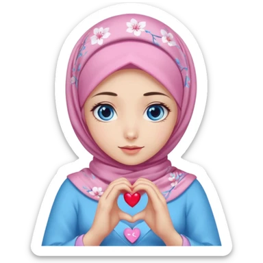 Turkish beautiful finish Konya girl blue eyes with mini cherry blossom hijab and lila blue pink dress and she make heart with hands sticker