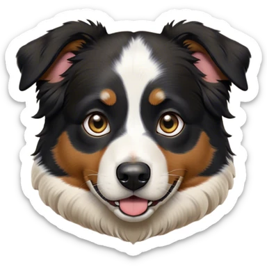 Cinematic Comical Black Tri Australian Shepherd Portrait Emoji, Head tilted dramatically with an exaggeratedly shocked or offended expression, short black fur with striking white and tan patches, wide, expressive dark eyes filled with exaggerated disbelief, Simplified yet hilariously expressive features, highly detailed, glowing with a slightly sassy glow, high shine, dramatic yet playful, stylized with an air of attitude, bright and endearing, soft glowing outline, capturing the essence of a sassy and over-the-top pup, so meme-worthy it feels like it could side-eye its way into internet fame instantly! sticker