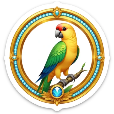 "A golden Ringneck parrot inside a glowing circular frame with a luxury look, detailed feathers, and a sparkling background. Bold golden text 'RINGNECK TEAM' below." sticker