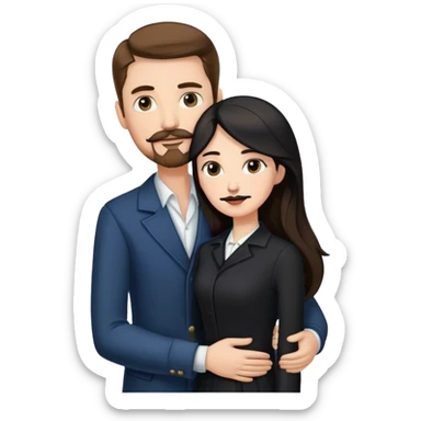 tall white man with brown hair goatee mustache hugging a pale woman with long black hair, wearing elegant clothing sticker