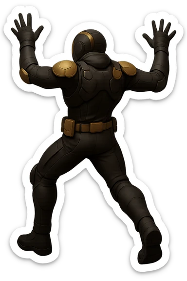 Edit the image of the armored soldier to show him from the rear view, standing with his arms flailing (not falling). Keep the original style and colors consistent. Use a transparent background. sticker