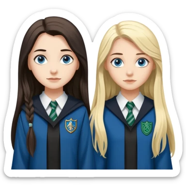 a pretty ravenclaw girl with long dark brown hair and blue eyes standing with a pretty Slytherin girl with long blonde hair, blue eyes sticker