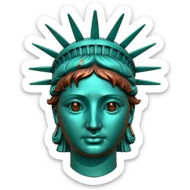 3D render of Statue of Liberty Head, heavily oxidized copper texture, verdigris patina, Classic teal copper texture, weathered bronze aesthetic, ancient decay, Apple emoji style, isolated on white background --v 6.0. sticker