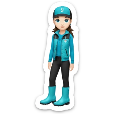 A landscaper in a beautiful turquoise jacket, turquoise rubber boots, and black pants. Over the turquoise jacket, she wears a black sleeveless vest. On her head, she wears a black Swissotel baseball cap. The girl is a brunette with blue eyes. sticker