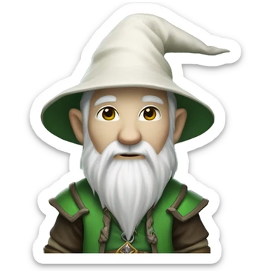 World of warcraft wizard gnome. Short white lhair, long beard (shaved in the sides), white hat, fully green outfit sticker
