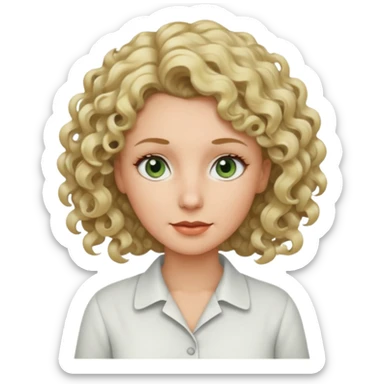 a woman in her late 40s and has greyish greenish eyes and blonde curly hair sticker