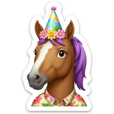 horse in flowered shirt with party hat, front view sticker