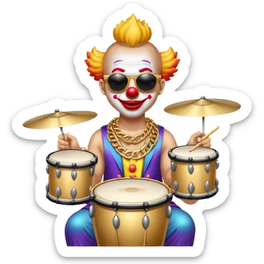 Clown with big golden chain on the neck wearing sunglasses plays drum kit full height sticker
