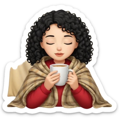 girl with black curly hair inside a blanket sipping coffee eyes closed sticker