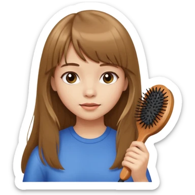 a girl with light skin and medium brown long hair with bangs who is brushing her hair with a hairbrush sticker