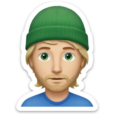 white man, mid thirties, blue eyes, mid length wavy hair, green beanie hat, stubble, face only sticker