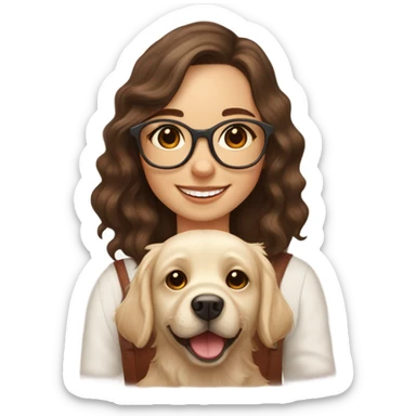 Smiling girl with long dark wavy brown hair and red glasses next to a shaggy beige Labrador puppy sticker