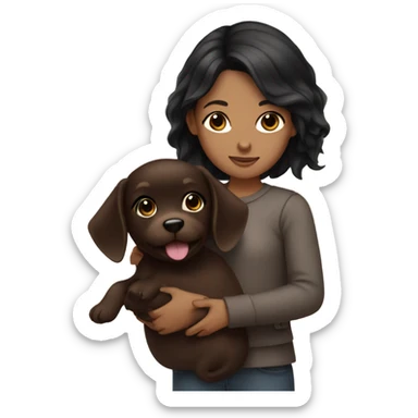 girl with black hair holding chocolate brown puppy  sticker