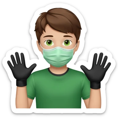 Chico de pelo marrón y ojos verdes, con un cubre boca, que tiene una camisa verde por encima de una remera blanca, y tiene un guante negro en una sola de las manos. Estilo animado sticker