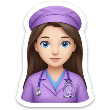 pretty brunette nurse with long hair and blue eyes in lilac scrubs sticker