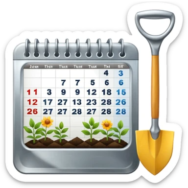 calendar icon with garden tools near. Transparent background sticker