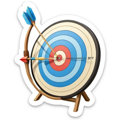 A bow with an arrow drawn back, aimed at a target with concentric rings. The background suggests a calm, outdoor archery range, emphasizing the precision, focus, and skill required in archery as a competitive sport. sticker
