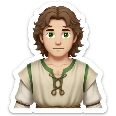 medieval summer outfit worn by a DnD themed fantasy male character. basic sleeveless linen tunic with a wide, open neckline and a thin rope tied around the waist. clothes only above the waist. The clothes full waist. The character's haven't arms. character is white-skinned, brown hair, green eyes, shoulder-length wavy hair. sticker