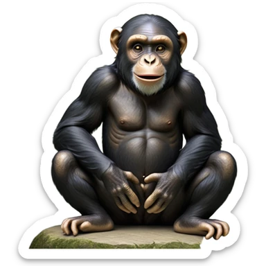 cinematic-noble chimpanzee-realistic-full-body-sitting-emoji,-long-powerful-arms-resting-on-its-knees,-expressive-dark-eyes-filled-with-intelligence-and-curiosity,-coarse-black-fur-textured-and-detailed,-softly-wrinkled-face-hinting-at-a-mischievous-smile,-slightly-open-mouth-showing-a-glimpse-of-teeth,-simplified-yet-realistic-focused-features,-highly-detailed,-glowing-with-a-warm-jungle-light

 sticker