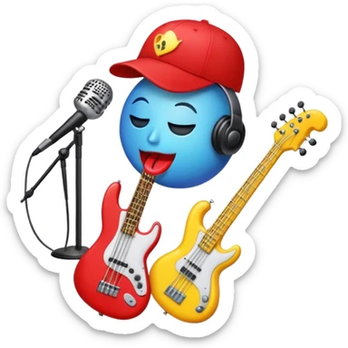 Create a vibrant and creative emoji that represents beatboxing. The design should feature a microphone with a cap placed on top, with oversized lips peeking out from under the cap. From the lips, bass clefs should be flying out, along with a variety of musical instruments (like a drum, electric guitar, and piano keys) to symbolize the blend of rhythm and creativity in beatboxing. Use bold, energetic colors like neon red, yellow, and blue to capture the lively and street-savvy essence of beatboxing. The background should be transparent. sticker