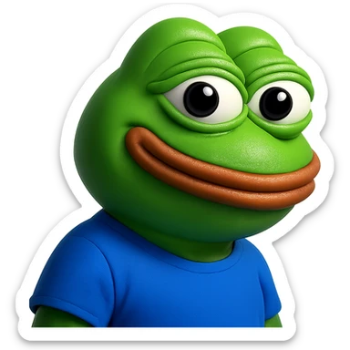 pepe in
- 3d style
- bright green
- blue shirt
- smiling
- looking straight at the camera
- good highlights and shadows
- 30deg angled towards the right sticker