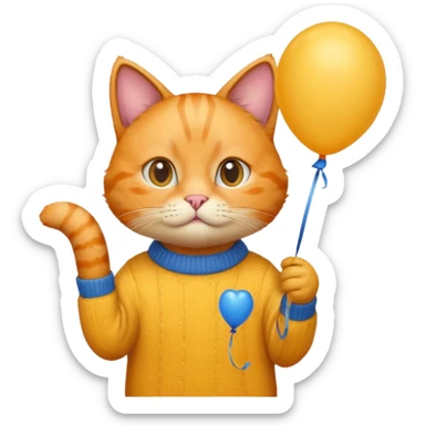 orange Cat hold blue balloon, yellow sweater sticker