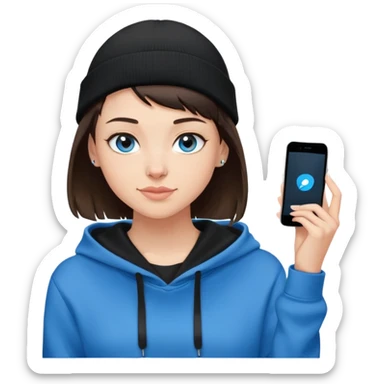 brunette girl with very short buzzed hair on the sides above her ears. the top of her hair is short brunette. she is wearing a black beanie that a side bang can be seen under. this girl needs blue eyes and a black hoodie. i want her to be smirking sticker