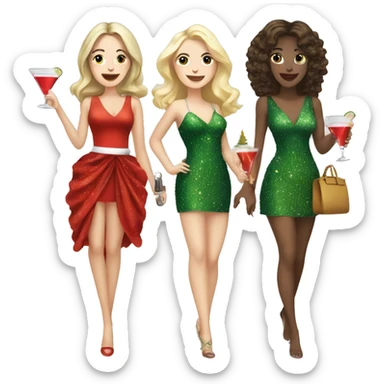 2 brunette white girls and 1 blonde white girl drinking cocktails together wearing Christmas tree dresses sticker