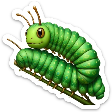 Cinematic Realistic Noble Caterpillar Portrait Emoji, Poised and serene, with a slender, segmented body covered in vivid, detailed green scales accented by subtle natural patterns, and a tiny, focused face with delicate, inquisitive eyes, rendered with lifelike texture and soft natural lighting, high shine, intelligent and delicate, styled with an air of woodland elegance, focused and attentive, soft glowing outline, capturing the essence of a watchful and confident looper caterpillar that appears ready to inch gracefully out of the screen with natural authority! sticker