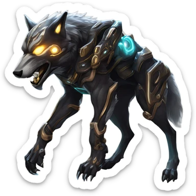 Warframe-inspired wolf Warframe with sleek biomechanical armor, a snarling wolf-like helmet, glowing eyes, and clawed gauntlets. Dark metallic colors with glowing energy lines, blending feral agility and deadly stealth. sticker