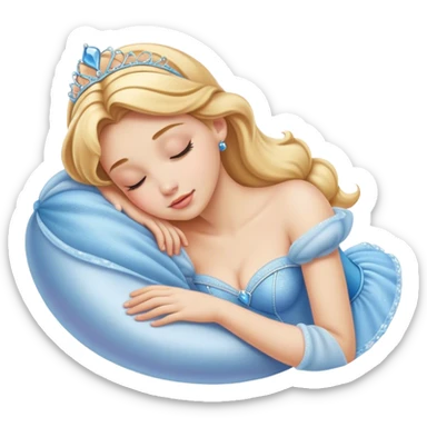 Cinematic Realistic Sleeping Cinderella Portrait, portrayed with exceptional realism: her luminous porcelain skin and exquisitely detailed golden-blonde hair lie softly under the gentle caress of natural light. Her eyes are peacefully closed in a serene, dreamlike slumber, and every fold and shimmer of her iconic ball gown is rendered with painstaking detail. The overall composition radiates a quiet, enchanting glow that encapsulates the timeless, restful beauty of a princess lost in a gentle, magical dream. sticker
