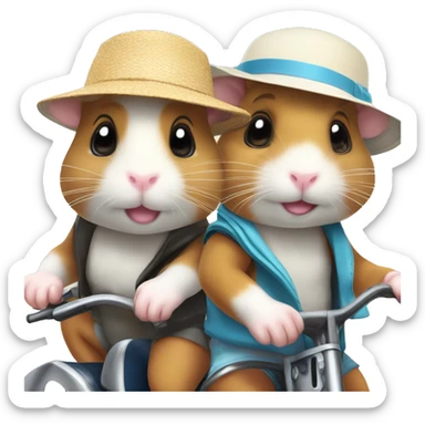 Two hamsters wearing swim shorts and sun hats driving by motorbike on the beach sticker